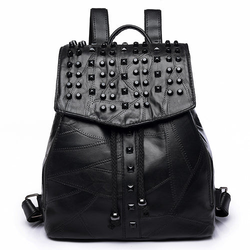 Black Rivet Backpack Litchi Grain Ladies Bagback